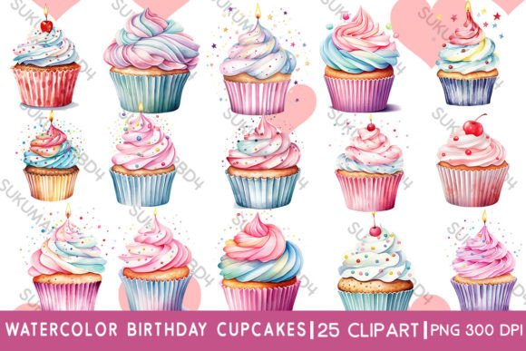 Download Watercolor Birthday Cupcakes Clipart - Cupcakes Collection