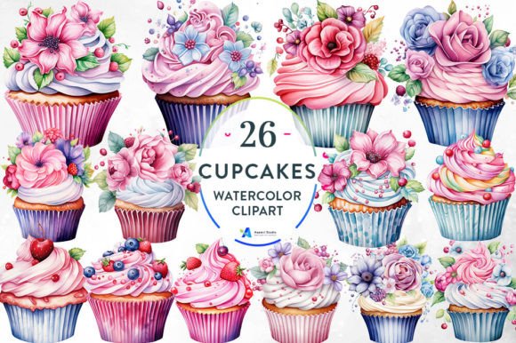 Download Watercolor Floral Cupcakes Clipart - Cupcakes Collection